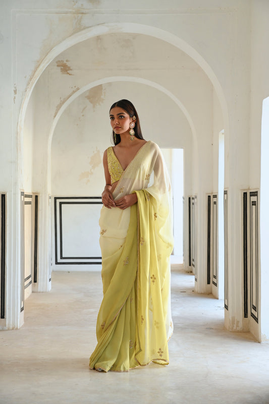 IVORY-OLIVE OMBRE FLORAL BUTTI EMBROIDERED SAREE WITH BLOUSE