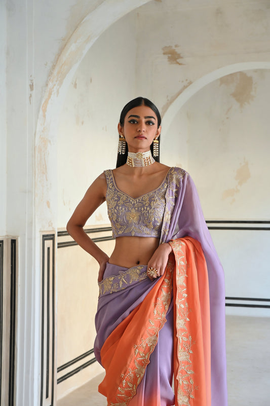 LILAC-ORANGE OMBRE FLORAL EMBROIDERED BORDER SAREE WITH V-NECK BLOUSE