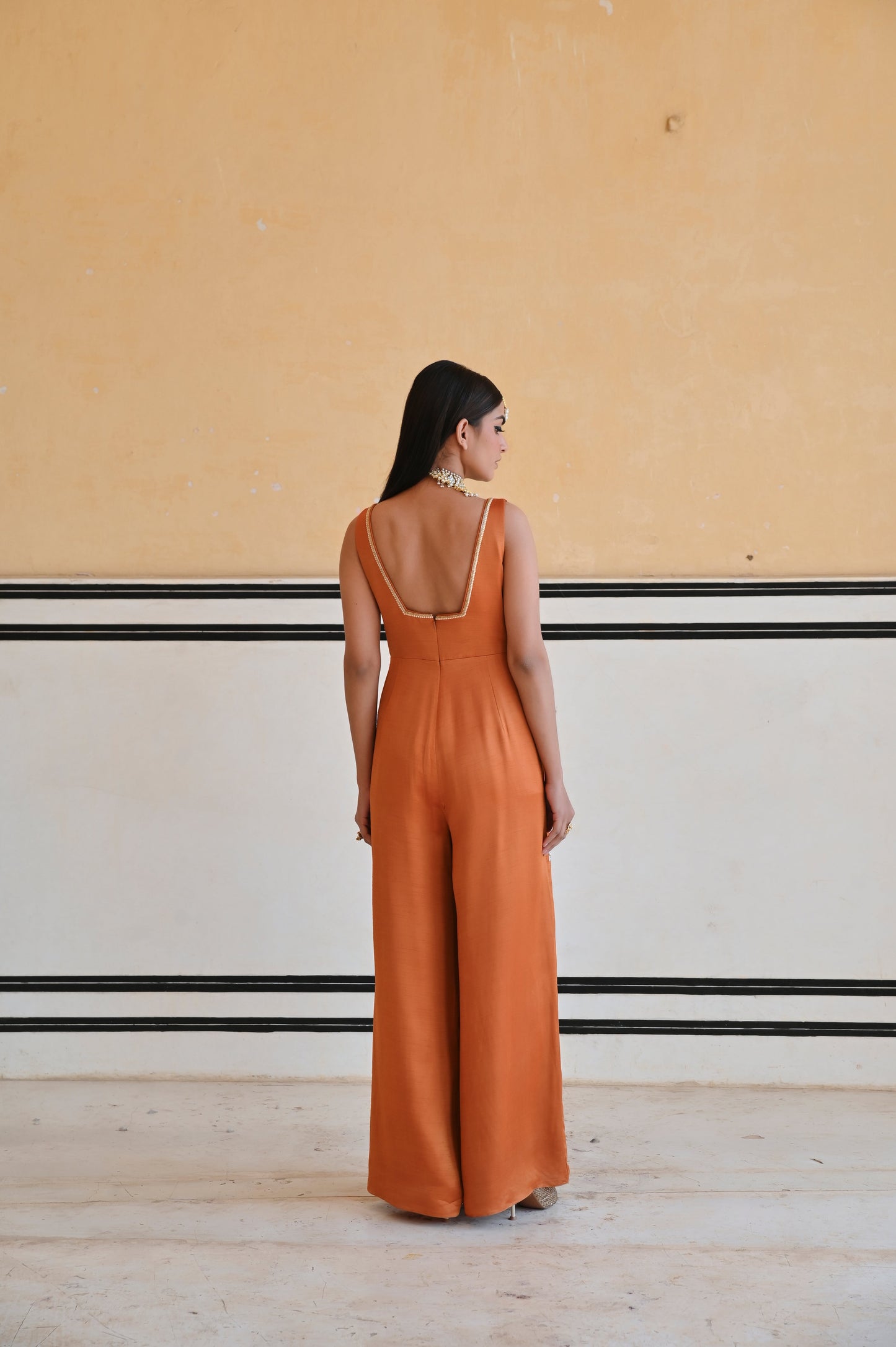 COPPER SQUARE NECKLINE FLORAL BUTTI EMBROIDERED FLARED JUMPSUIT