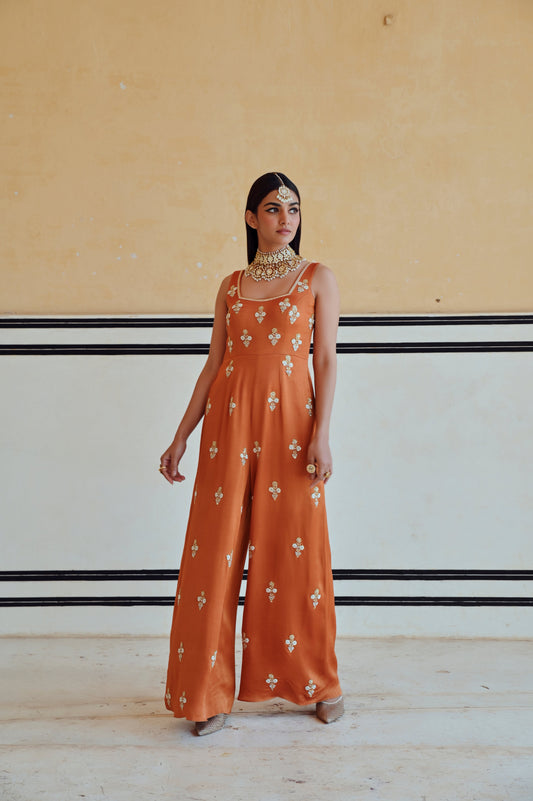 COPPER SQUARE NECKLINE FLORAL BUTTI EMBROIDERED FLARED JUMPSUIT