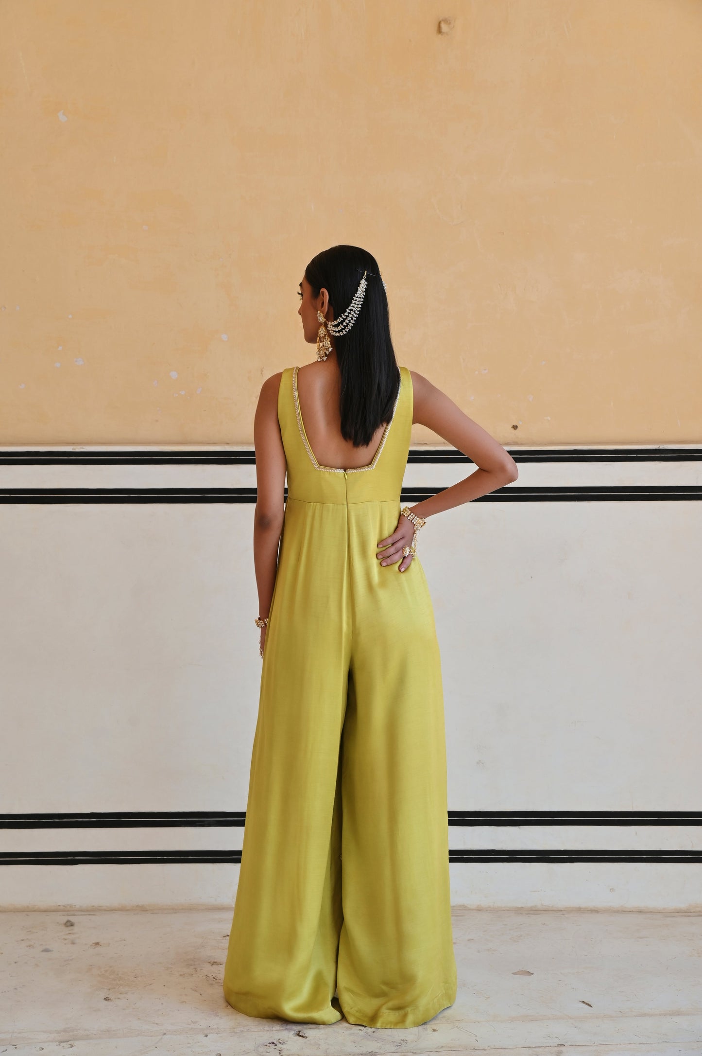 LIME SQUARE NECKLINE FLORAL BUTTI EMBROIDERED FLARED JUMPSUIT