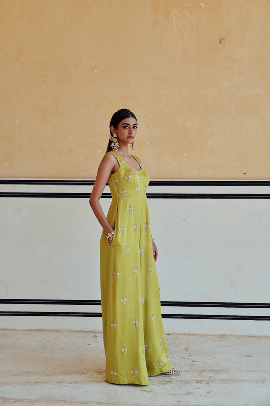 LIME SQUARE NECKLINE FLORAL BUTTI EMBROIDERED FLARED JUMPSUIT