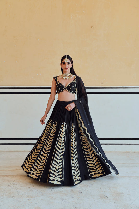 BLACK 12 KALI LEAF EMBROIDERED LEHENGA WITH BLOUSE AND DUPATTA