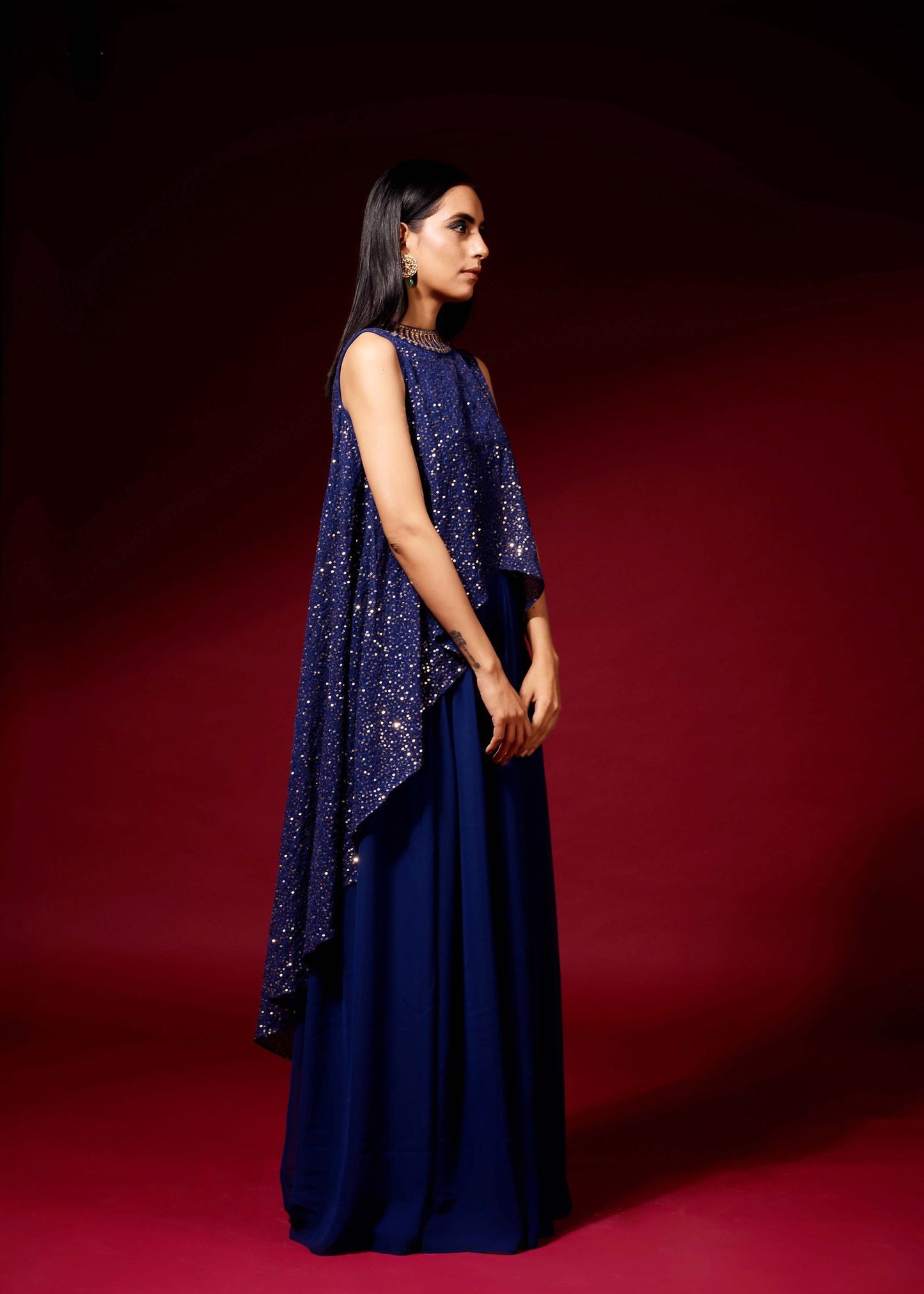 Midnight blue sequined cape set