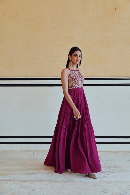 MAGENTA BIG FLOWER JAAL EMBROIDERED ANARKALI WITH DUPATTA