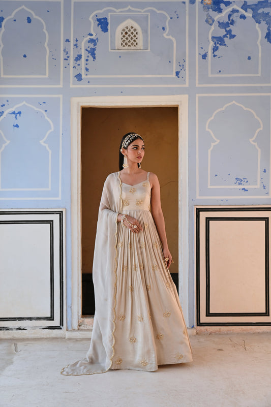 GREY BROAD STEP 3 BUTTI EMBROIDERED ANARKALI WITH DUPATTA