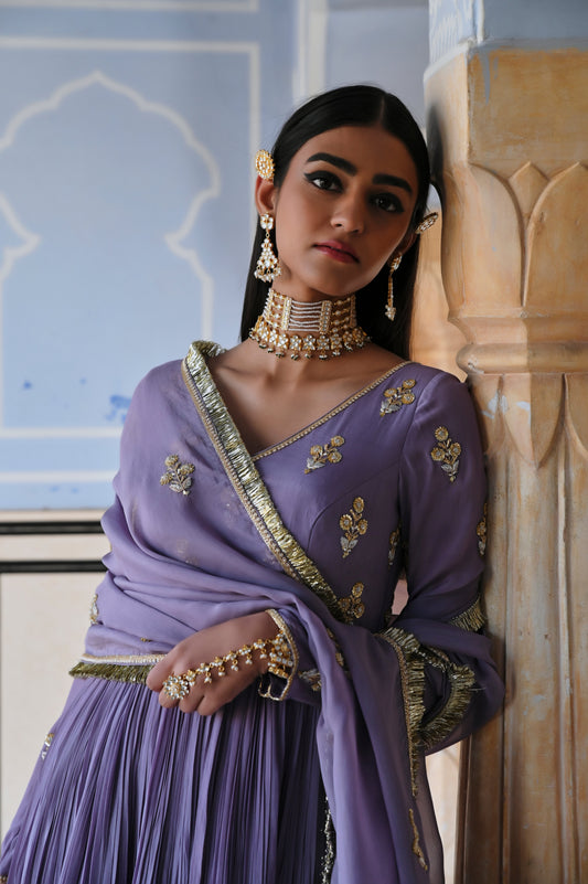 LILAC V-NECK FLORAL BUTTI EMBROIDERED FULL SLEEVE ANARKALI WITH DUPATTA