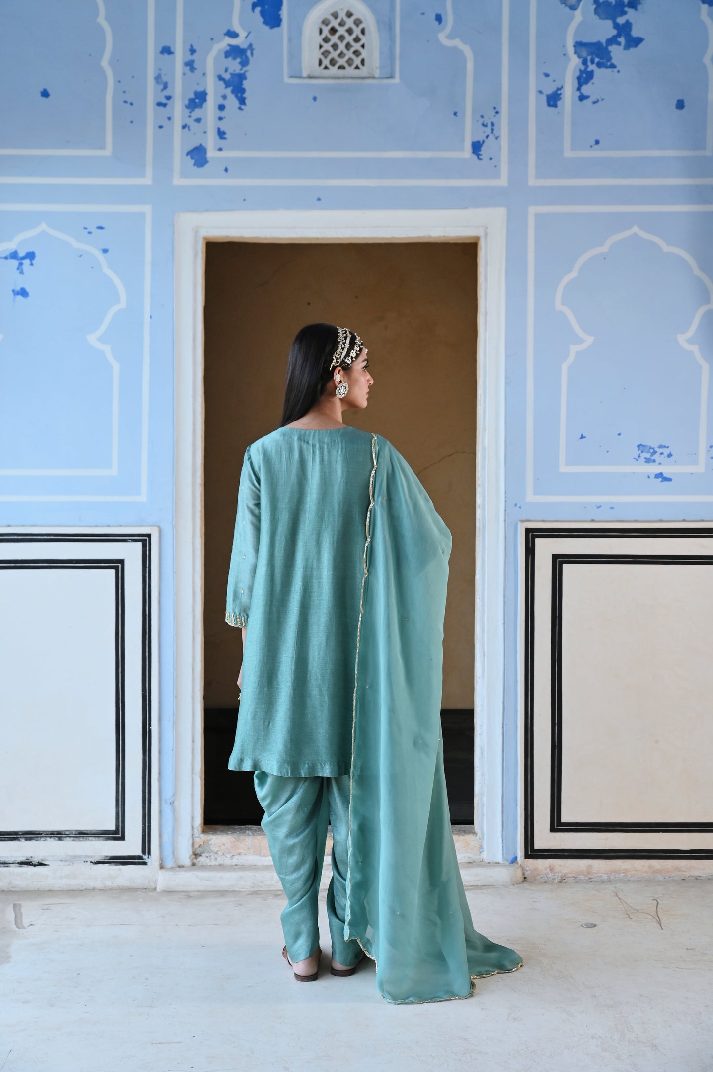 TURQUOISE BLUE 3/4 TH SLEEVE EMBROIDERED SHORT KURTA WITH DHOTI AND DUPATTA- EC-SH-RAHI25-13- TurquoiseBlue