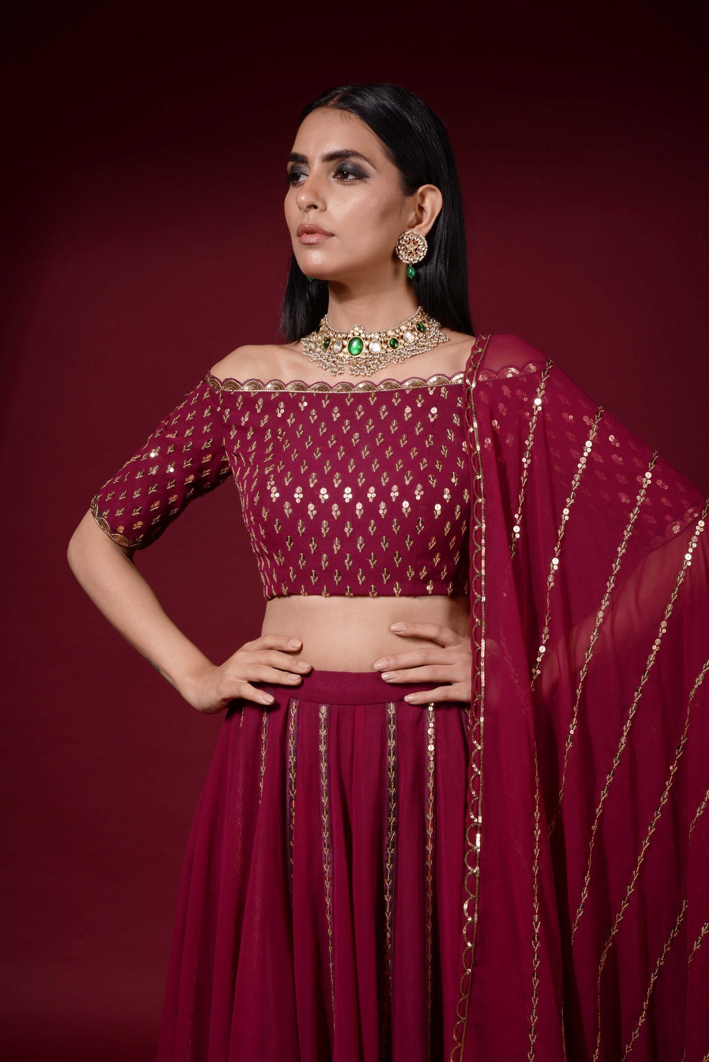Wine Off Shoulder Blouse Lehenga Pants Set