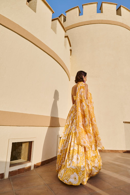 YELLOW FLORAL PRINTED LEHENGA WITH BLOUSE AND DUPATTA- EC-LH-EG24-33- YellowWhite