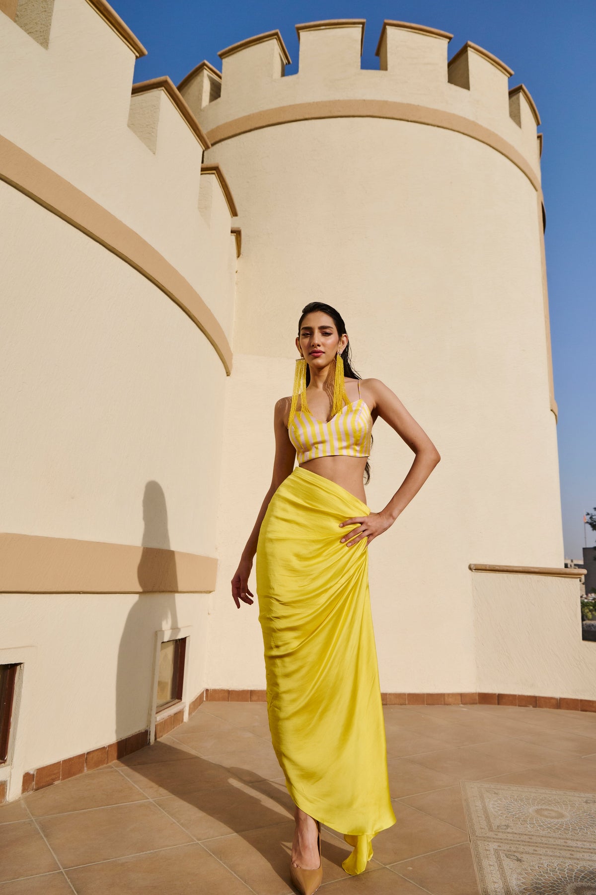YELLOW STRIPED JACKET WITH DRAPED SKIRT AND BRALETTE- EC-LJCS-EG24-21- YellowWhite
