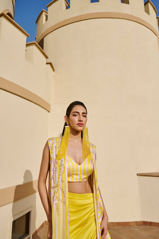 YELLOW STRIPED JACKET WITH DRAPED SKIRT AND BRALETTE- EC-LJCS-EG24-21- YellowWhite