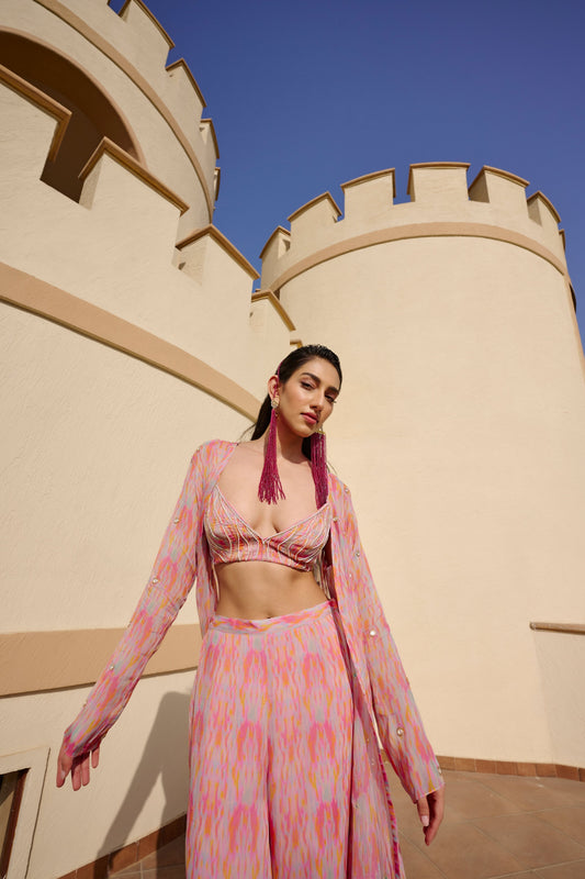 Abstract Printed Palazzo with Embroidered Blouse and Jacket- EC-JP-EG24-23- MultiColor