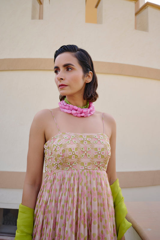 GEOMETRIC PRINT ANARKALI WITH DUPATTA- EC-AK-EG24-02- PinkLime