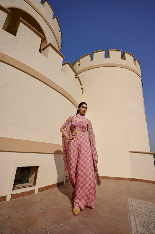 GEOMETRIC PRINT PALAZZO WITH BLOUSE AND JACKET- EC-JP-EG24-24- PinkBlue