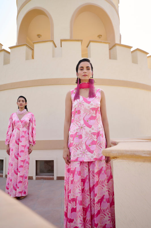 FLORAL PRINTED KURTA WITH PALAZZO AND DUPATTA- EC-KP-EG24-11- BabyPinkWhite