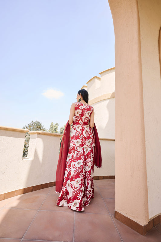 V-Neck Sleeveless Floral Print Embroidered Short Kurta with Kali-dar Palazzo and Dupatta- EC-KP-EG24-30- MaroonWhite