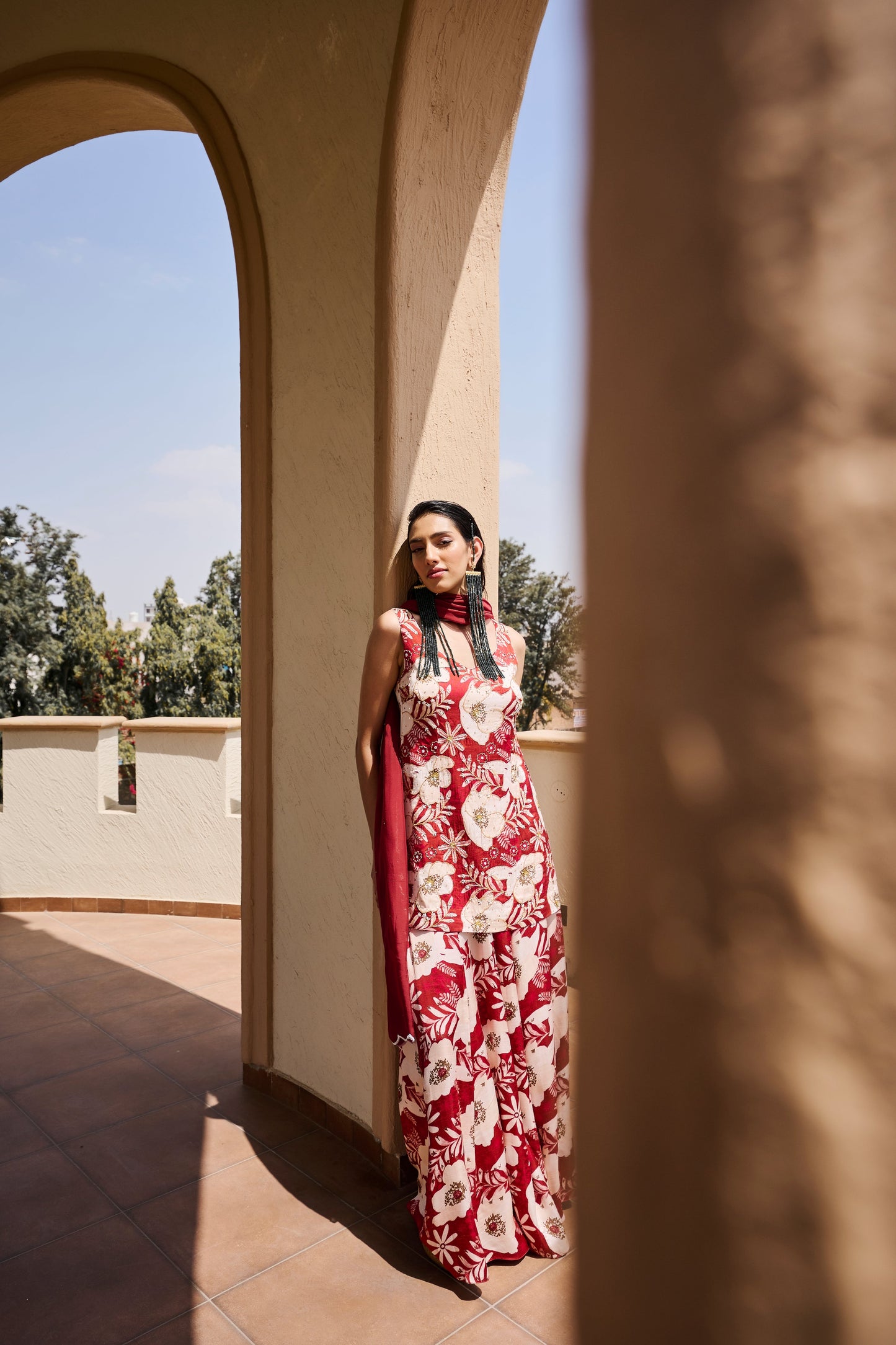 V-Neck Sleeveless Floral Print Embroidered Short Kurta with Kali-dar Palazzo and Dupatta