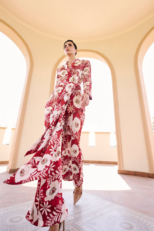 SAINA NEHWAL IN FLORAL PRINT EMBROIDERED TIE-KNOT JACKET WITH PANT- EC-JP-EG24-20- MaroonWhite