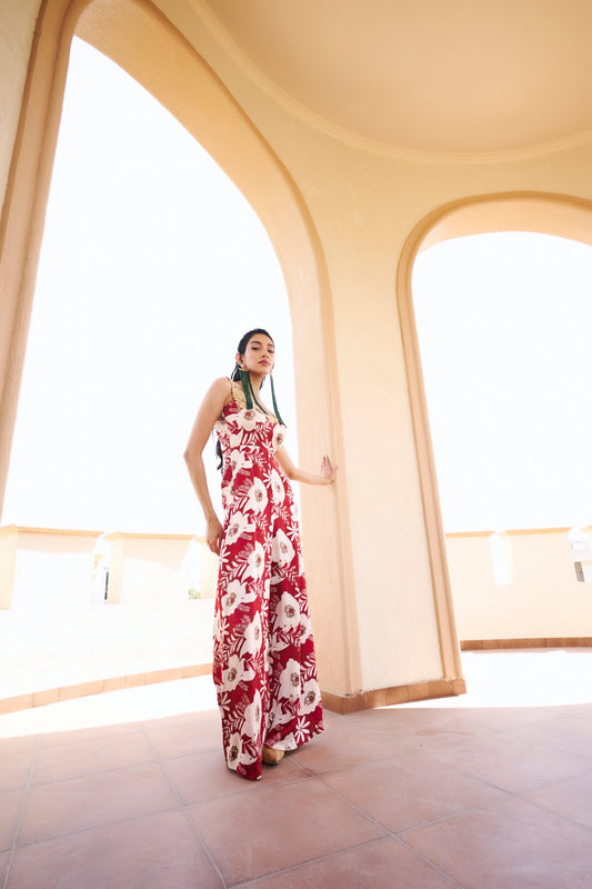 Floral Print Embroidered Sweetheart Neckline Sleeveless Jumpsuit