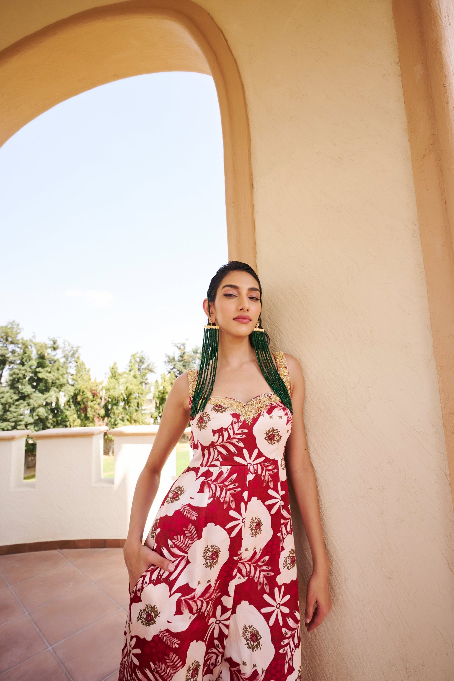 Floral Print Embroidered Sweetheart Neckline Sleeveless Jumpsuit