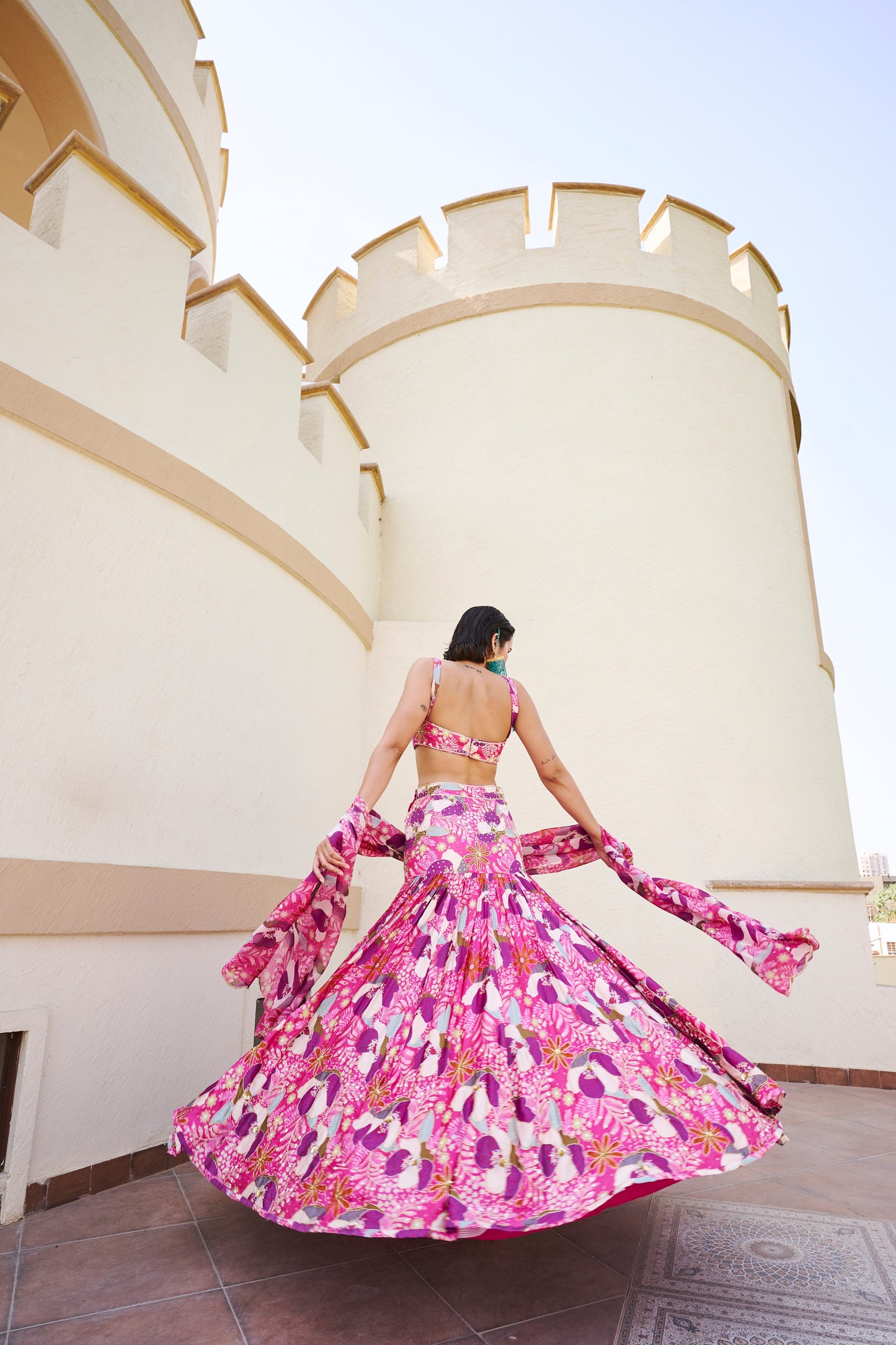 Amyra Dastur in Fuschia Floral Lehenga With Blouse And Dupatta