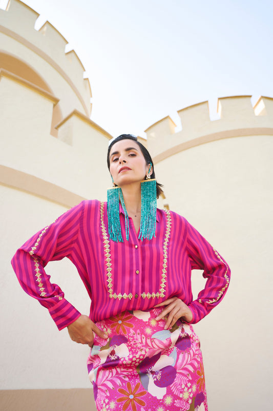 FUSCHIA STRIPED SHIRT AND FLORAL PRINTED SKIRT