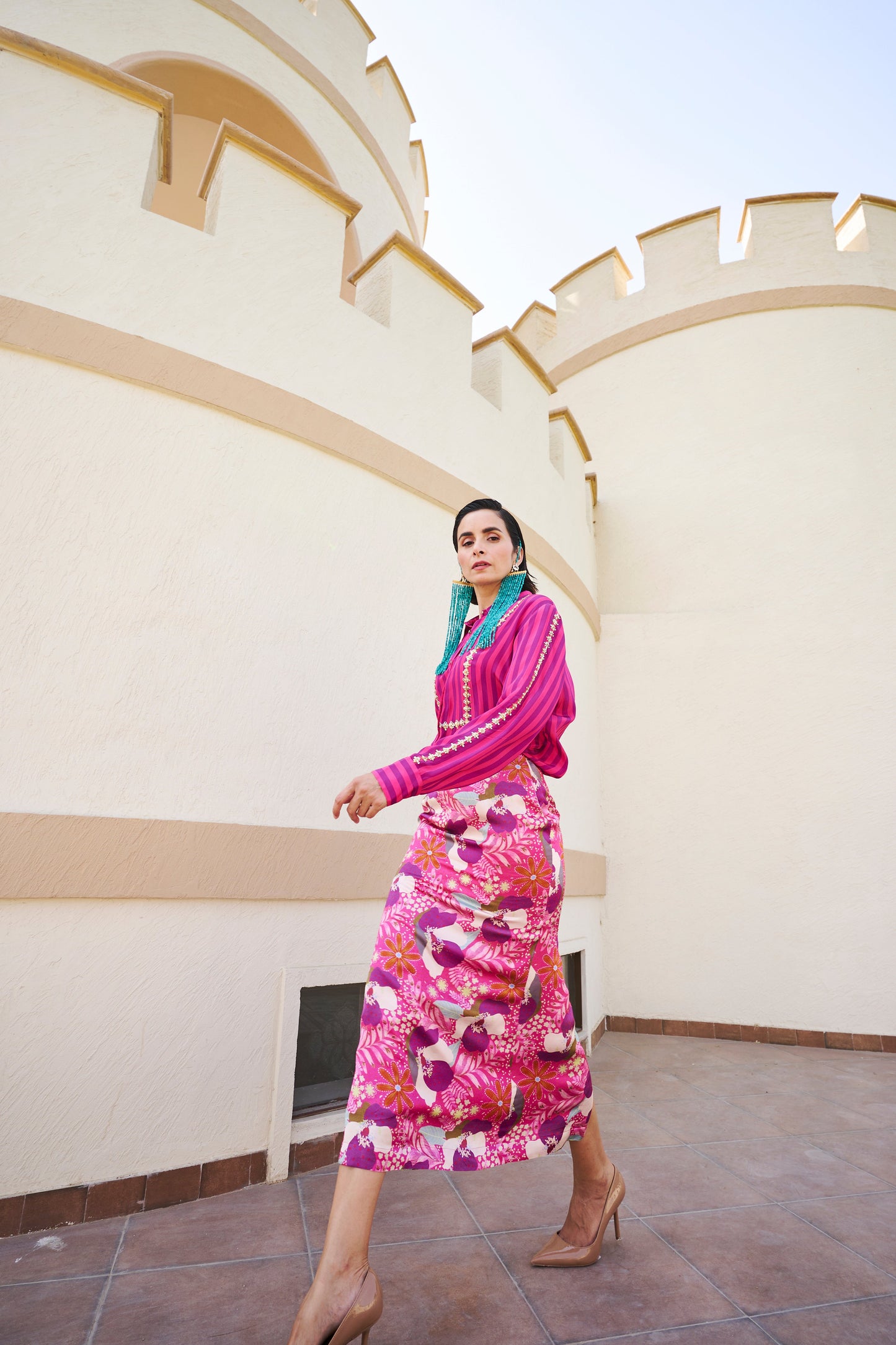 FUSCHIA STRIPED SHIRT AND FLORAL PRINTED SKIRT- EC-ST-EG24-34- WhitePinkBlue