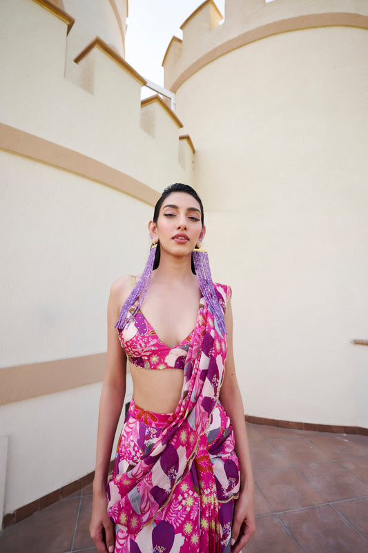 FUSCHIA FLORAL PRINTED PRESTITCHED SAREE WITH BLOUSE- EC-PDS-EG24-18- PinkLime