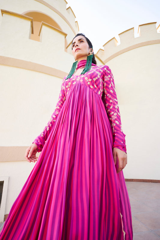 Fuschia Stripped Jaal Embroidered Anarkali- EC-AK-EG24-07- PinkPurple