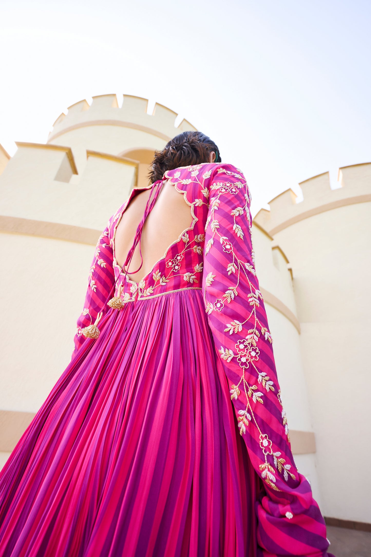 Fuschia Stripped Jaal Embroidered Anarkali- EC-AK-EG24-07- PinkPurple