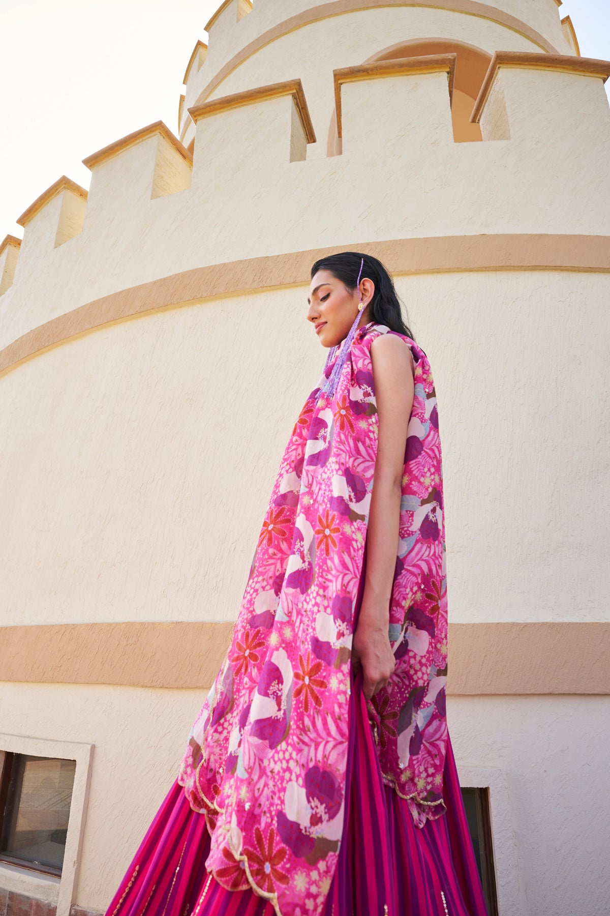 STRIPED LEHENGA WITH FLORAL PRINTED BLOUSE AND DUPATTA- EC-GC-EG24-28- PinkPurple