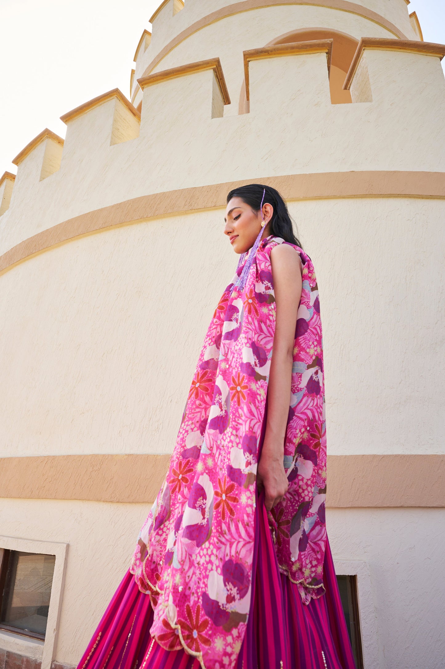 STRIPED LEHENGA WITH FLORAL PRINTED BLOUSE AND DUPATTA- EC-GC-EG24-28- PinkPurple