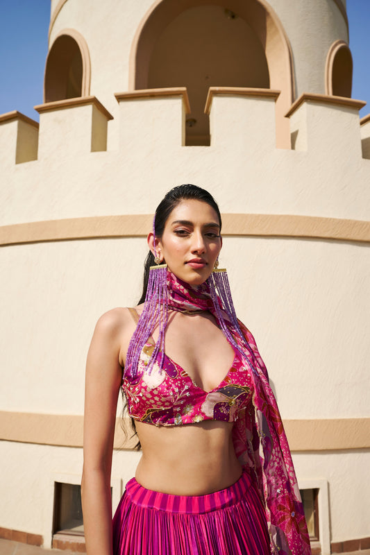 STRIPED LEHENGA WITH FLORAL PRINTED BLOUSE AND DUPATTA- EC-GC-EG24-28- PinkPurple