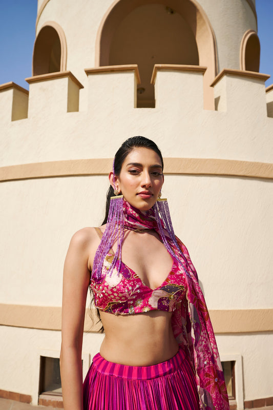 STRIPED LEHENGA WITH FLORAL PRINTED BLOUSE AND DUPATTA