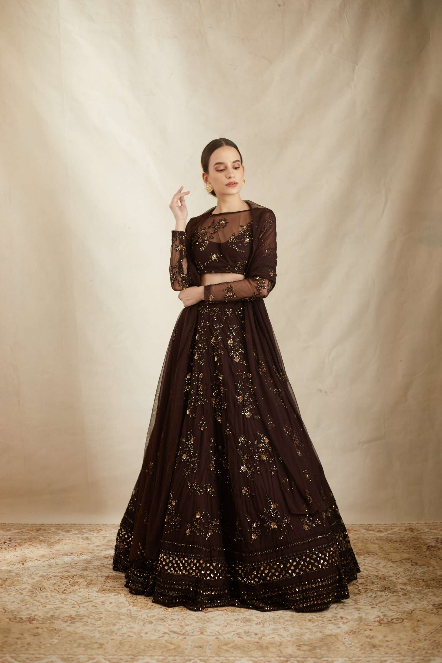 Dark Coffee Net Thread Embroidered Lehenga Set
