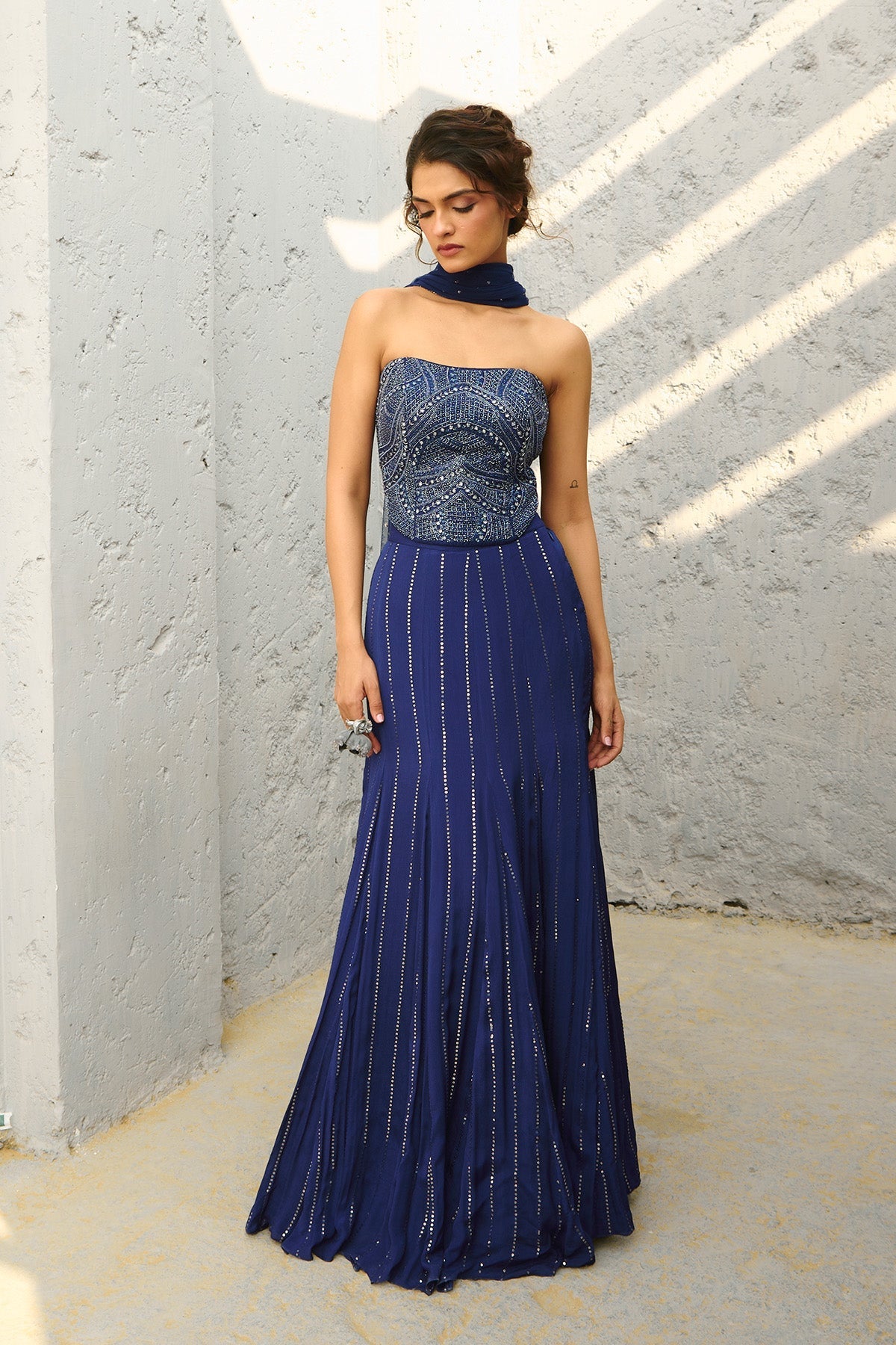 Deep Blue Georgette Silk Embroidered Corset Mermaid Skirt Set