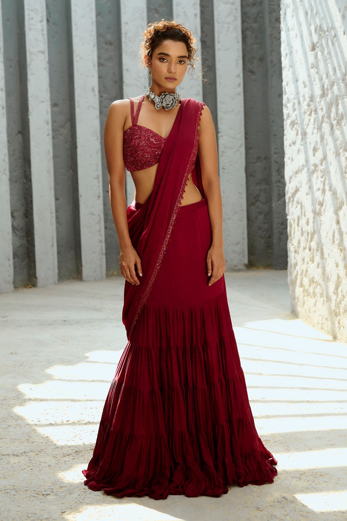 Deep Red Chiffon Silk Embroidered Pre Draped Saree