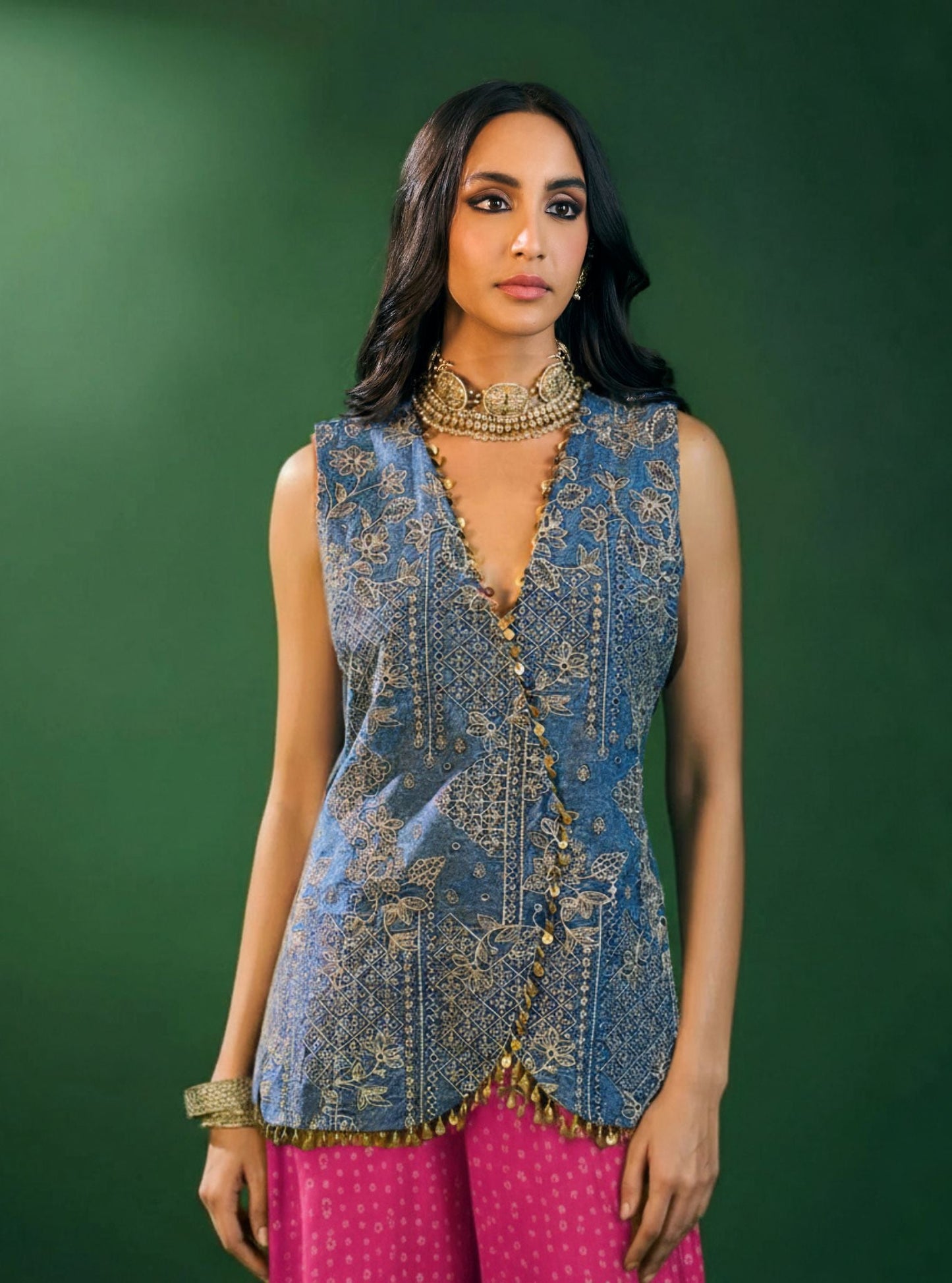 Lunira Denim Waistcoat With Cupro Satin Printed Fuschia Pant