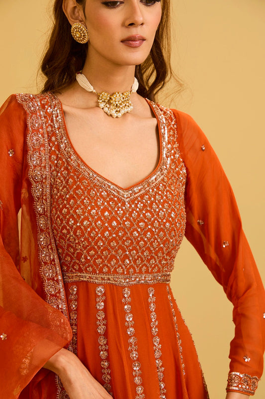 Rust Anarkali Set