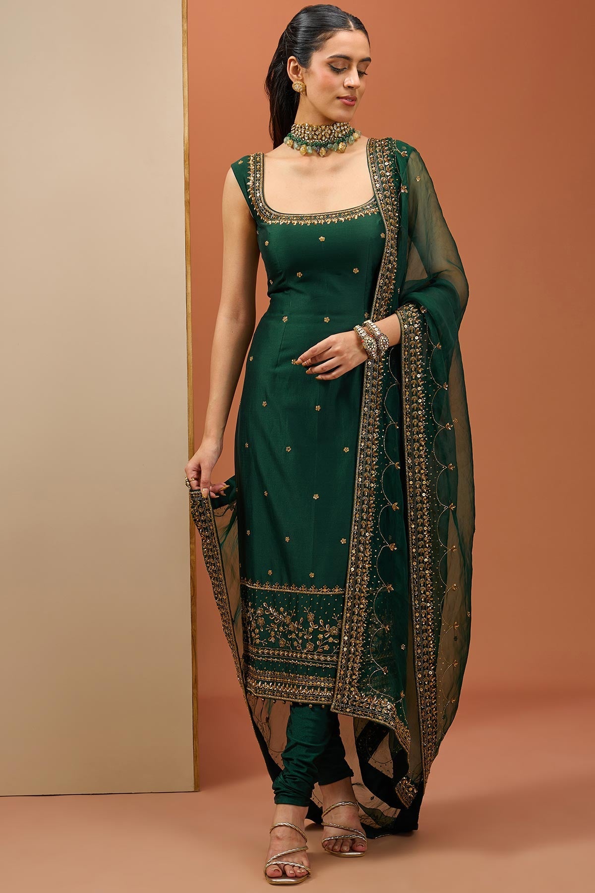 Emerald Green Chanderi Organza Embroidered Long Kurta Set