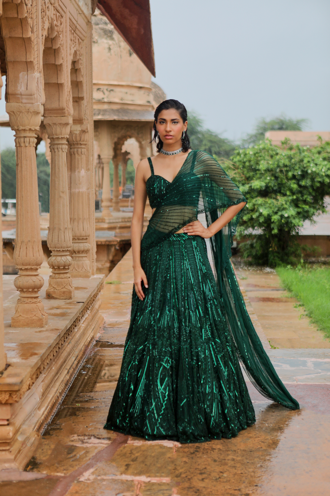 Emerald Green Raw Silk Barkha Lehenga Saree Set
