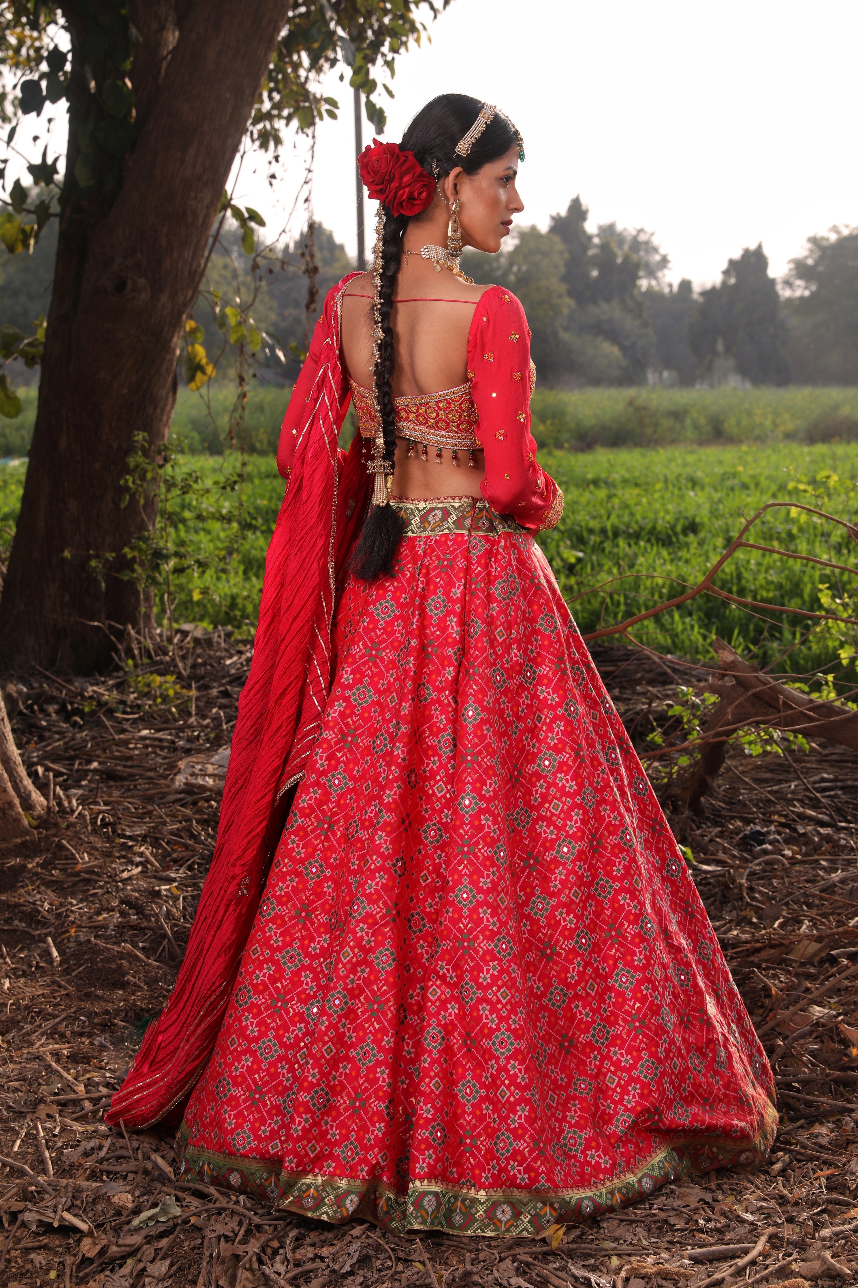 Women's Coral Embroidered Ikat Lehenga Set