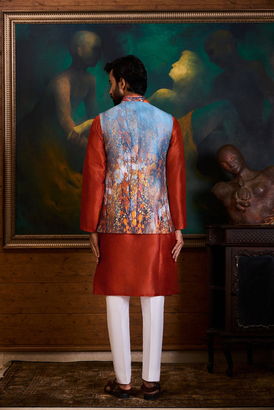 Grey Rust Printed Kurta Bundi Set