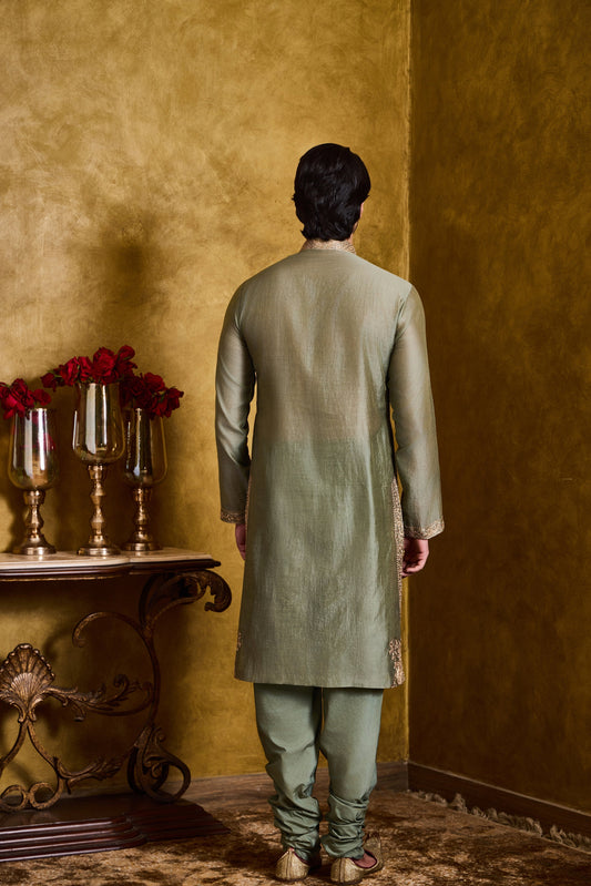 Dark Olive Green Chanderi Kurta Churidar Set