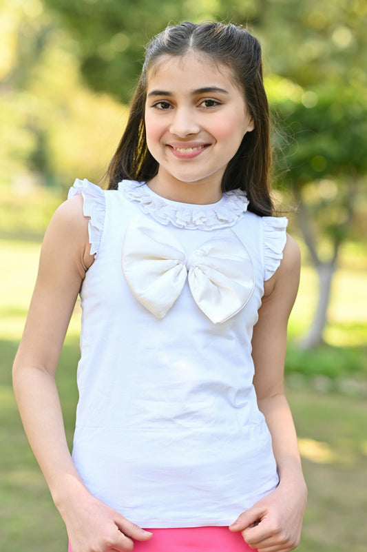 WHITE BOW TOP & HOT PINK SKORT SET