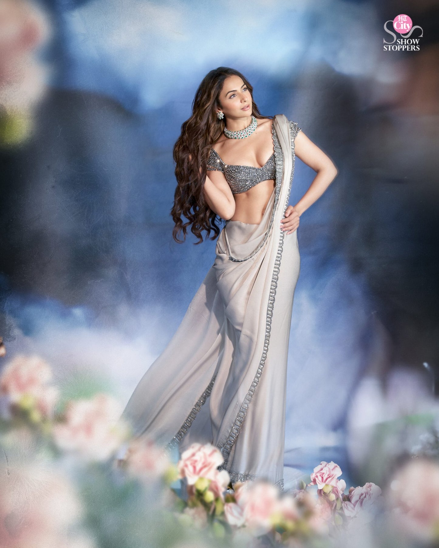 Crystal Grey Satin Saree Set (RAKULPREET SINGH)