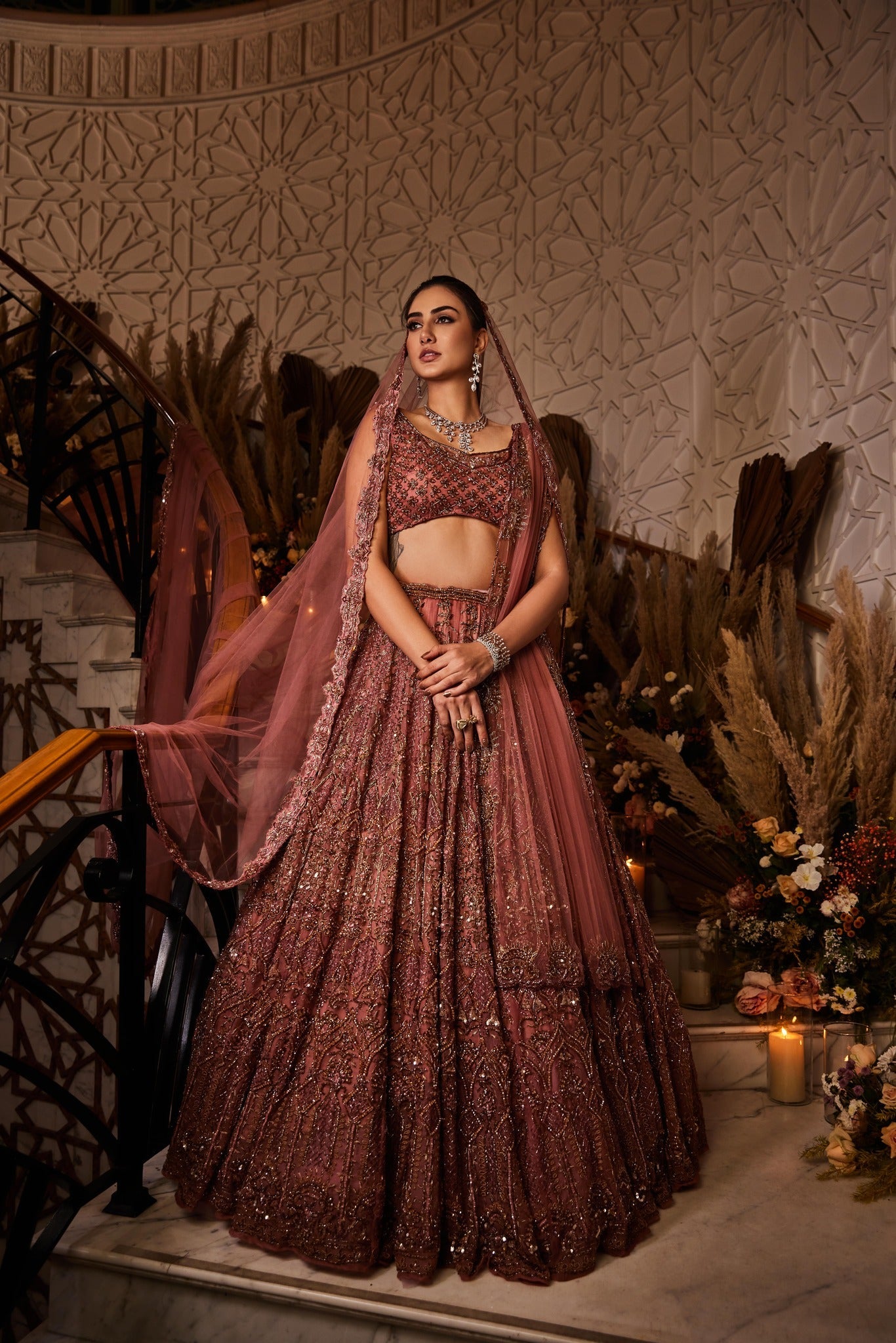 Hand-Embroidered Organza Lehenga Set with Crystal & Bead Work
