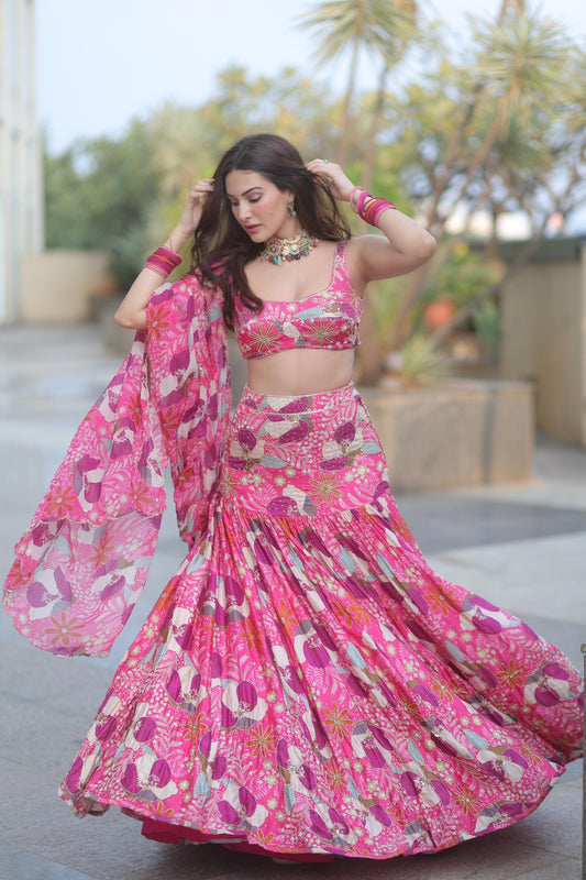Amyra Dastur in Fuschia Floral Lehenga With Blouse And Dupatta
