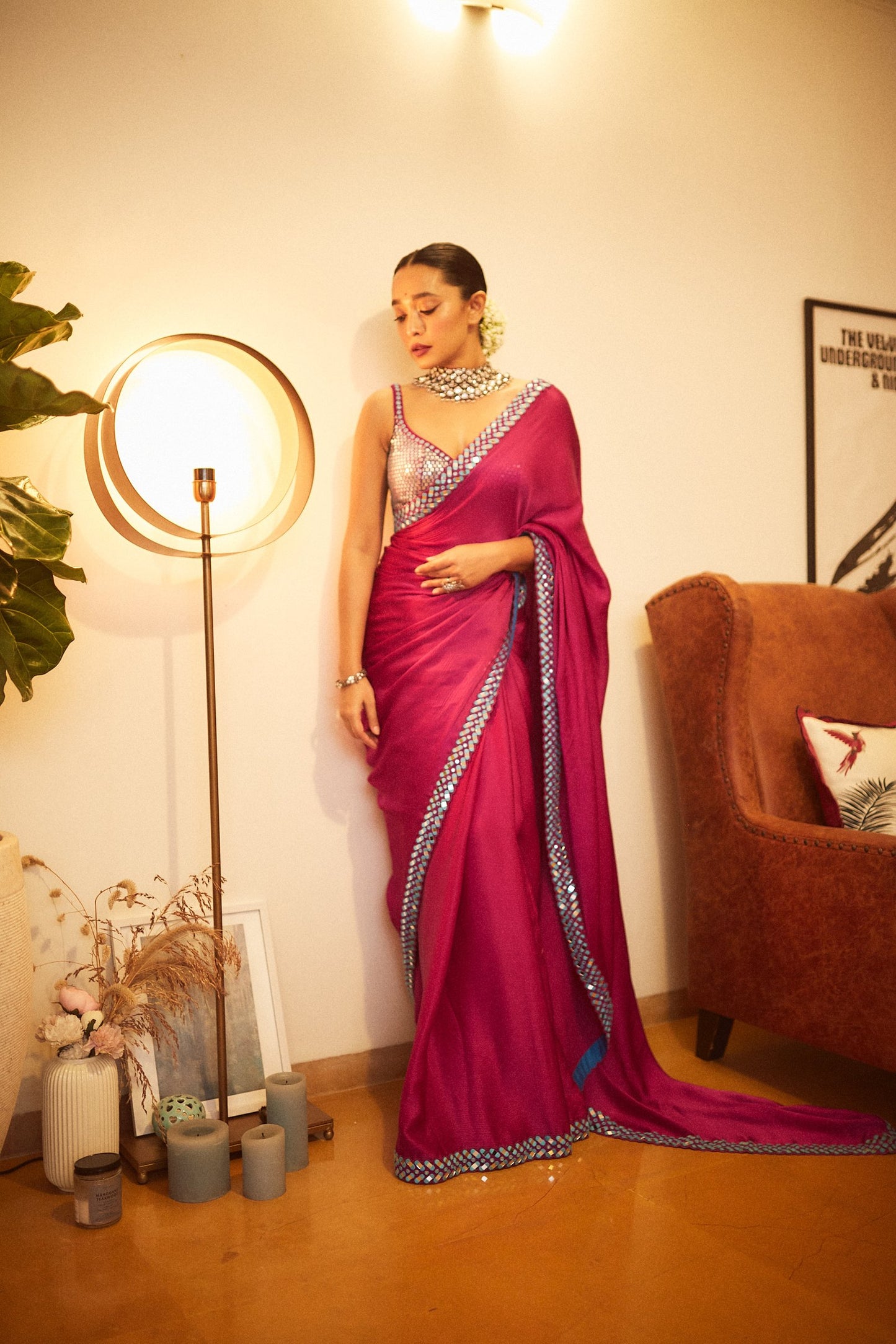 SAYANI GUPTA In Chahak Pop Wine Satin Chiffon Saree Set